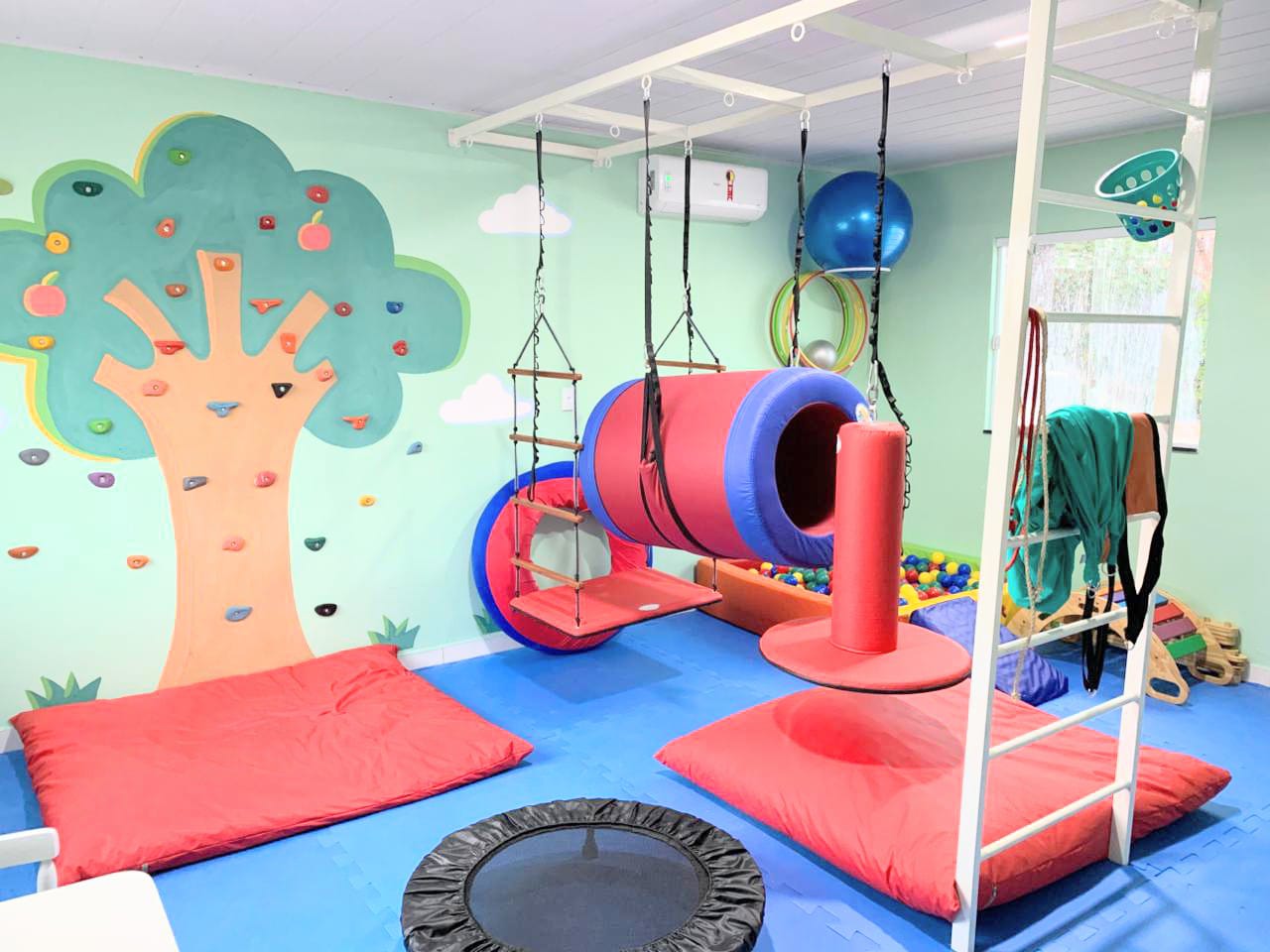 Sala sensorial com balanços e parede de escalada do Espaço Florescer TLS